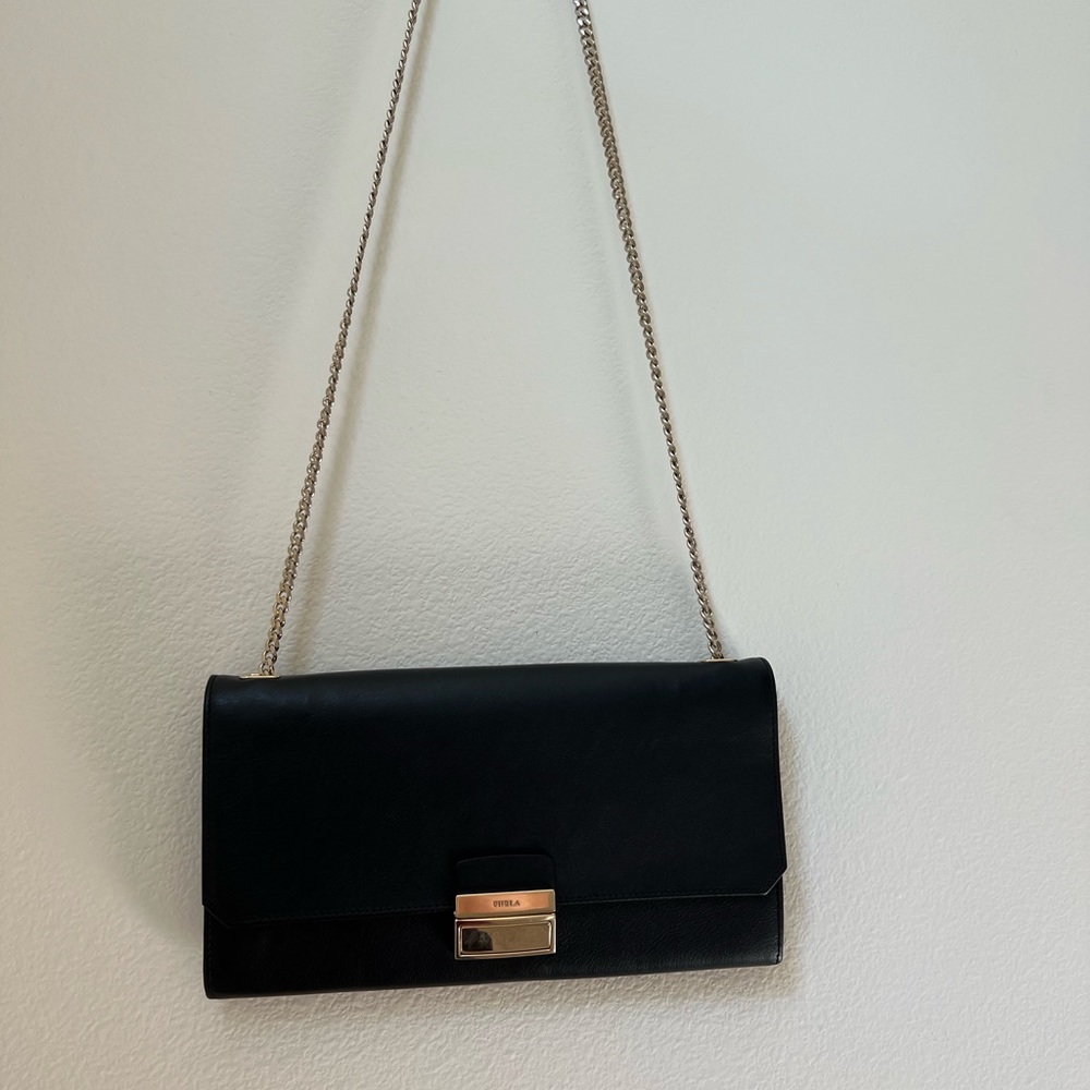 Furla black leather clutch with removable chain
